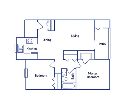 Floor plan for 2 beds, 1 bath, 863 sqft